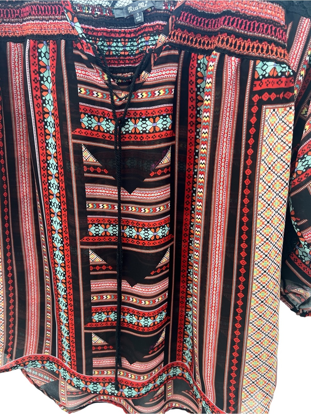 Miss Me Boho Geometric Print Lace 3/4 Sleeve Blouse Size Small - Picture 4 of 5